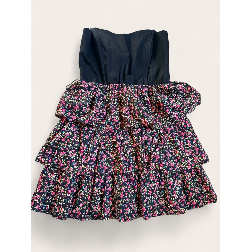 Vintage Y2K Doki-Geki Strapless Tiered Ruffle Mini Dress Floral Black Coquette